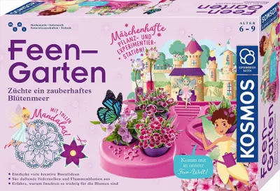 The image shows the packaging of a children's science and craft kit called 'Feen-Garten' (Fairy Garden). It features illustrations of fairies, a castle, and plants, along with descriptive text and logos.