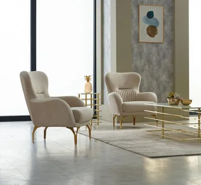 Produktbild von Ohrensessel Garnitur Sessel 2tlg Beige Polstersessel Stoff Einsitzer