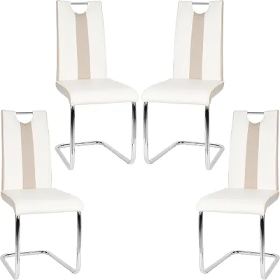 Produktbild von 4er-set Esszimmerstühle Freischwinger Schwingstuhl Küchenstuhl aus Metall & Kunstleder,Hochlehner Sitzgruppe für Esszimmer&Küche Weiß+Beige
