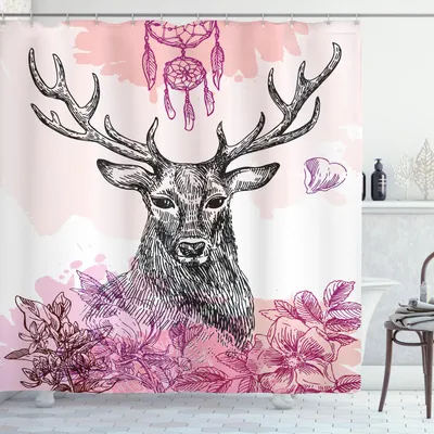 Immagine prodotto di ABAKUHAUS Tenda da doccia con cervo, cervo con foglie di fiori e acchiappasogni in stile boho con stampa tribale, 175 x 240 cm, nero