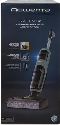 The image shows the retail packaging of a Rowenta X-Clean 2 cordless wet and dry vacuum cleaner.