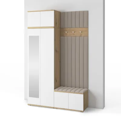 Produktbild von Garderoben-Set Aura Version 8: Kleiderschrank mit Polsterpaneelen, Schuhschrank Flur und Eingangsbereich (weiß/Artisan-Eiche /Trinity 03)
