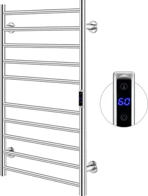 Obrázek produktu pro Elektrický ohřívač ručníků COSTWAY 120 W, radiátor na ručníky, 15 minut až 60 ℃, 8 hodinový časovač a ochrana proti přehřátí, s LED displejem (nerezová ocel 201, 53 cm x 11 cm x 86 cm)