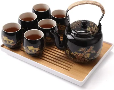 Obrázok produktu pre Japonská čajová súprava, čierna porcelánová čajová súprava s 1 čajníkom, 6 šálkami, 1 podnosom, 1 súpravou na prípravu čaju, krásna ázijská čajová súprava pre milovníkov čaju (pole v zlatej farbe)