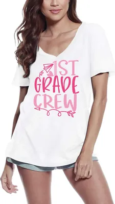 Produktbild von Damen Grafik T-Shirt V-Ausschnitt 1 Klasse Crew – 1st Grade Crew – Öko-Verantwortlich Vintage Jahrgang Kurzarm Lustige Druck Geburtstag Geschenk Frau