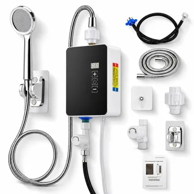 Productafbeelding van Mini doorstroomboiler - 5500W - LCD display - Zwart - Spatwaterdicht - Voor keuken en badkamer