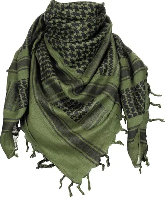 A green and black patterned scarf folded and arranged on a white background.