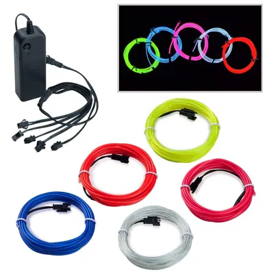 Imagen del producto de COVVY, tira de luces LED flexible e impermeable, de 5 metros de largo, con cable EL. Ideal para fiestas, discotecas, disfraces de Halloween, ropa, celebraciones navideñas. Cuenta con 3 modos de iluminación y es de varios colores