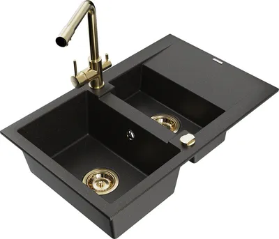 Produktbild von Mexen Gaspar 1,5-Becken-Granitspüle mit Abtropffläche und Mischbatterie Duero, Schwarz/Gold metallisch - 6507-75-671600-50