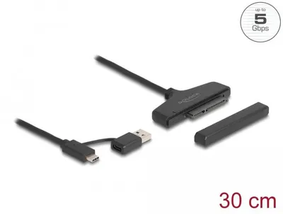 Produktbild von DeLOCK USB zu SATA 6 Gb/s Konverter mit USB Type-C oder USB Typ-A Anschluss, 0,3 m, SATA III, SATA 22-pin, USB Type-C (USB 3.2 Gen 1), Männlich/Weiblich, Schwarz