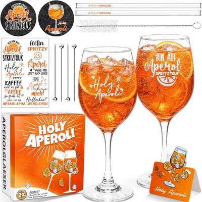 Produktbild von Geschenkset für Aperitifs: 2 gravierte Aperitifgläser, Trinkhalme, Untersetzer, Cocktailgläser, Aufkleber, Gläser für Aperol – ein schönes Geschenk