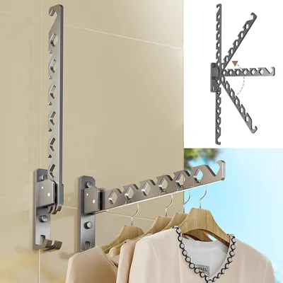 Produktbild von Wandgarderobe, klappbare Kleiderhaken, Wandregal, Wandhaken, klappbare Haken, Aluminium für Balkon, Badezimmer, Waschküche, 180° klappbar – Grau