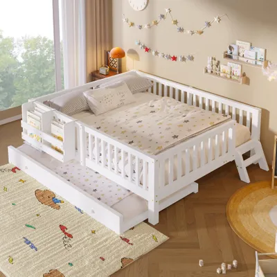 Productafbeelding van Houten bed 140x200 cm met valbeveiliging, uitschuifbed, ladder en plank, massief hout, wit