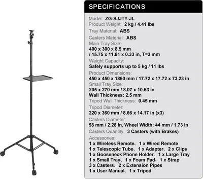 Produktbild von Projektorständer, höhenverstellbar, Flexarm-Handyhalter, Doppelter Tablett-Rad
