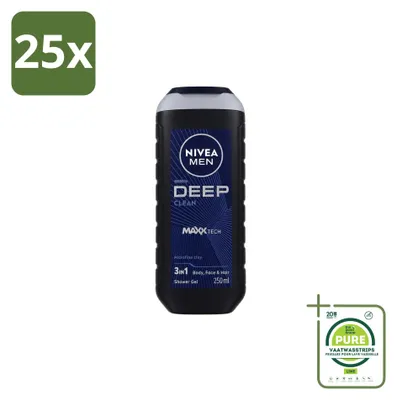 Immagine prodotto di 25 flaconi di gel doccia Nivea Men, linea Deep Clean, da 250 ml. Confezione grande, 25 pezzi