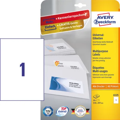 Produktbild von Avery Zweckform Etiketten 6125 DIN A4, 10