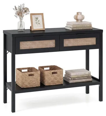 Image de Table console COSTWAY, table d'appoint avec étagère ouverte et 2 tiroirs, table basse aspect rotin, console, table d'entrée, 100 x 35 x 76 cm, noir