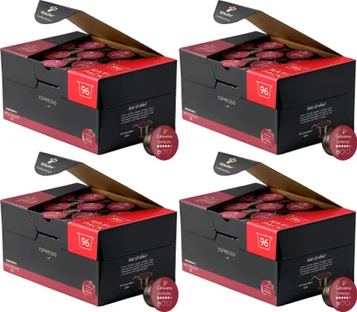 Four open boxes of Tchibo Cafissimo Espresso coffee capsules, with some capsules visible outside the boxes.