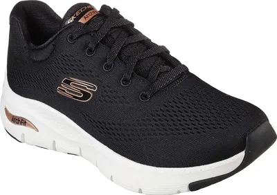 A black Skechers Arch Fit shoe with rose gold accents and a white sole, shown from the side against a white background.
