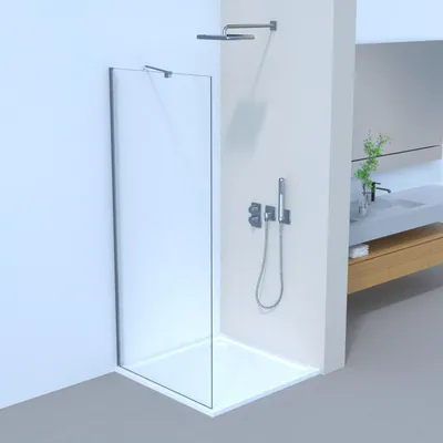 A modern bathroom with a glass shower enclosure and a wall-mounted shower fixture.