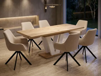 Produktbild von ENDO-Möbel Essgruppe "Lara White" - Esstisch ausziehbar 130-210cm in Eiche Wotan für 6 Personen mit Stühlen in Leinen-Beige