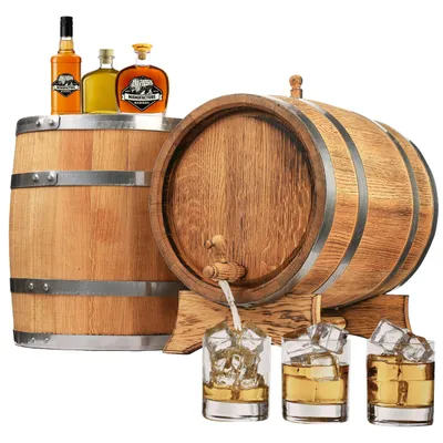 Produktbild von Eichenfass 50L aus Naturholz – Whiskyfass, Weinfass, Holz Fass Deko – Eiche Gebrannt, mit Ständer und Zapfhahn – Geschenk für Bar & Zuhause