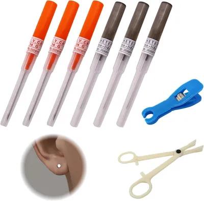 Imagen del producto de Kit de agujas para piercings, fabricado en acero inoxidable, de 8 piezas, con calibres 14G y 16G, e incluye herramientas para realizar piercings