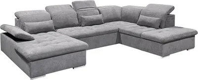 Produktbild von Wohnlandschaft mit verstellbaren Kopfstützen und Schlaffunktion in dunkelgrau, U-Form mit Bettkasten rechts, Serie WARRINGTON-09
