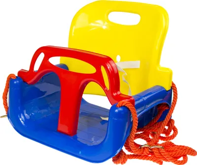 A colorful children's swing set seat with ropes, isolated on a white background.