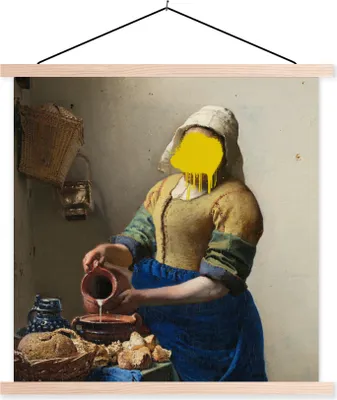 Produktbild von MuchoWow® Textilposter Das Milchmädchen - Vermeer - Kunst 120x120 cm mit holzfarbenen Rahmen - Textil-Poster