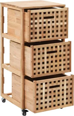 A wooden cabinet with three drawers on a white background.