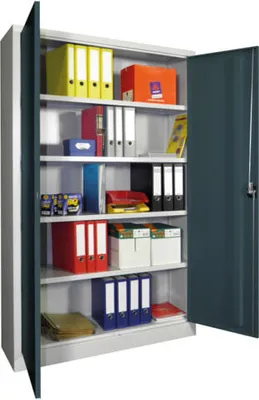 Produktbild von Flügeltürenschrank - Vollblechtüren - 1.950x1.200x500 mm (HxBxT) - 4 Einlegeböden verzinkt - Zylinderschloss - lichtgrau/himmelblau