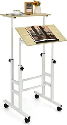 A mobile, height-adjustable desk with two separate work surfaces and wheels.