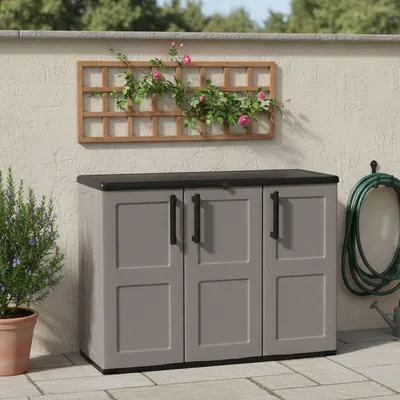 Produktbild von Darmellin Outdoor-Garderobe, Mehrzweck-Balkonschrank, 3-türiger Outdoor-Kleiderschrank, 100 %  Italy, 102 x 37 x 84 cm, Grau und Schwarz, kariertes Finish