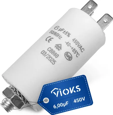 Produktbild von Kondensator 6,00µF 450V mit Steckfahnen und Befestigungsschraube für Waschmaschine Spülmaschine