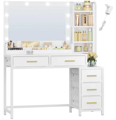 Productafbeelding van Make-uptafel - Kaptafel met grote spiegel - 5 lades - 5 open vakken - Opbergruimte voor de spiegel - Moderne stijl - Wit