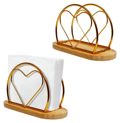 Produktbild von 2 Serviettenhalter in Gold mit Metallgestell und Holz für Tisch und Arbeitsplatte