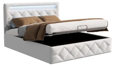 Immagine prodotto di Letto Moonbite con contenitore, 140x200 cm, rivestito in velluto beige, con illuminazione LED controllabile tramite telecomando o app, ampio contenitore, rete a doghe in legno