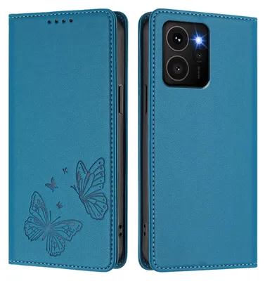 Image de Étui en cuir pour HMD Skyline, motif papillon, étui à rabat avec support, bleu