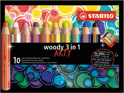 Produktbild von Buntstift, Wasserfarbe & Wachsmalkreide - STABILO woody 3 in 1 - ARTY - 10er Pack - mit 10 verschiedenen Farben und Spitzer