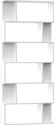 A white, modern bookshelf or room divider with multiple rectangular compartments.