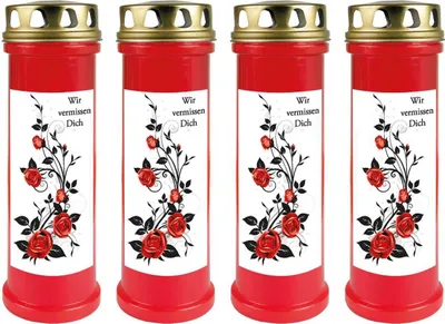Produktbild von Grabkerze Rot 4er Pack, Brenndauer: 100 Stunden ( je Kerze ), Motiv: Rose Ranke