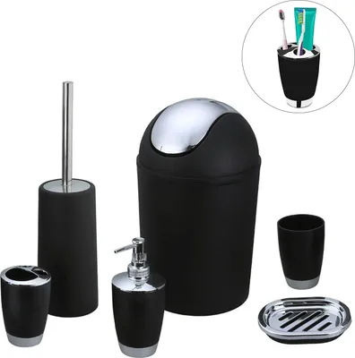 Produktbild von MODFU Badezimmer Set, 6-teiliges Badzubehör Seifenspender, WC Bürste, Seifenschale, Kosmetikeimer und Zahnputzbecher Schwarz matt