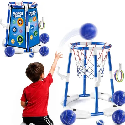 Image de Panier de basket flottant pour piscine, 3 en 1, avec 4 balles, 12 boules de lancer, et 12 anneaux