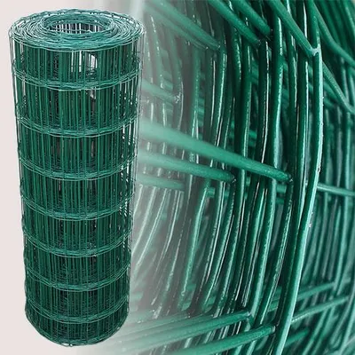 A roll of green wire mesh fencing is shown against a white background.