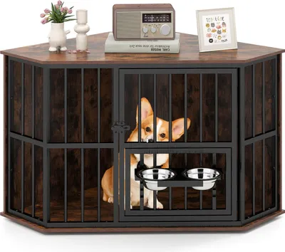Produktbild von COSTWAY Hundekäfig Möbel, Hundehütte mit verstellbarem Futterspender, 2 Edelstahlnäpfen & abschließbarer Tür, Hundebox aus Holz und Metall, Braun