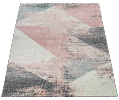 Produktbild von Teppich Wohnzimmer Grau Weiß Rosa Pastell Dreieck Muster Vintage Design Kurzflor Grösse 160x230 cm