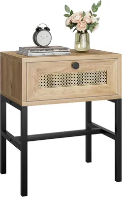 Immagine prodotto di Tavolino bohémien - piccolo comodino con cassetto - salvaspazio - frontale intrecciato - struttura in legno autoportante - colore: legno