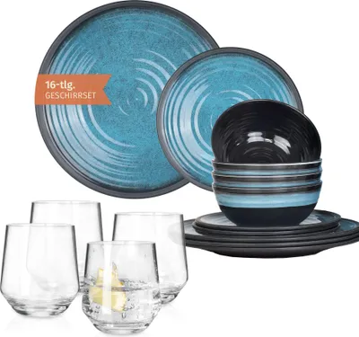 Immagine prodotto di Set di stoviglie da campeggio in melamina 4 persone Stone Blue + 4 bicchieri Milano Bicchieri d'acqua Stoviglie Picnic BBQ Cookware