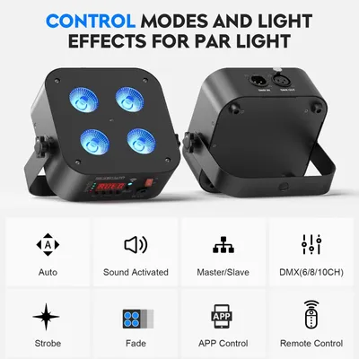 Image de Projecteurs LED pour scène - Projecteurs PAR DMX - Lot de 2 - RGBWAUV - 28 W - Rechargeables - Contrôle via application/DMX/télécommande - Prise EU